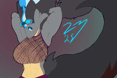 abs anthro big_breasts blue_eyes breasts eyewear female fur goggles hands_behind_back huge_breasts muscular muscular_female raised_arms tail tail_tuft thick_tail tuft siatdusk mythology sia_(zeemid) dragon furred_dragon furred_scalie mythological_creature mythological_scalie scalie 3:2 hi_res