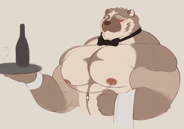 5_fingers anthro areola barazoku biceps big_muscles big_pecs black_bow_tie blush bow_tie brown_body brown_eyebrows brown_fur cheek_markings container countershade_face countershade_fur countershade_torso countershading cup deltoids drinking_glass eyebrows eyes_closed facial_markings fingers fur glass glass_container glass_cup head_markings holding_object holding_tray huge_muscles humanoid_hands male male_anthro markings monotone_background mostly_nude_anthro mostly_nude_male mouth_closed multicolored_body multicolored_fur muscular muscular_anthro muscular_male nipple_chain nipple_piercing nipples pecs piercing pink_areola pink_nipples shirt_cuffs simple_background solo tan_body tan_countershading tan_fur tan_inner_ear three-quarter_view towel trapezius waiter wine_bottle wine_glass theor theor_(character) american_badger badger mammal mustelid musteline colored_sketch digital_drawing_(artwork) digital_media_(artwork) half-length_portrait hi_res portrait sketch