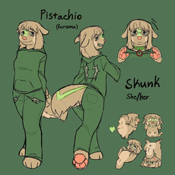 anthro anus biped blush bottomwear brown_body brown_cheeks brown_fur brown_hair brown_highlights brown_tail charm_(jewelry) charm_necklace chibi choker clothing cross-popping_vein crossed_legs ears_back ears_down eyes_closed eyewear fart fart_cloud fart_heart featureless_crotch feet female foot_on_foot frown frown_eyebrows fur glasses green_background green_body green_bottomwear green_choker green_clothing green_eyes green_fart_cloud green_fur green_highlights green_hoodie green_jewelry green_markings green_necklace green_neckwear green_pants green_sclera green_stripes green_topwear grey_eyes grey_sclera grin hair hand_on_foot handpaw handstand highlights_(coloring) hindpaw hoodie jewelry looking_up lying markings necklace neckwear nervous nervous_smile no_irises on_back pants pawpads paws pink_nose pink_pawpads pink_paws pivoted_ears pockets presenting presenting_anus pupils raised_leg raised_tail simple_background smile solo spread_legs spreading stripes tail tan_body tan_cheeks tan_fur tan_hair tan_highlights tan_tail toothy_grin topwear wearing_glasses white_sclera x_anus tanrecci pistachio_(tanrecci) mammal mephitid mustelid skunk 1:1 bust_portrait model_sheet portrait