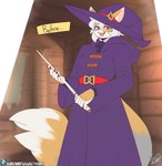 anthro clothed clothing female fur hair hat headgear headwear magic_user purple_clothing smile solo tail wand white_hair witch vixie00 arcanis_(hahaluckyme) calico_cat domestic_cat felid feline felis mammal absurd_res digital_media_(artwork) hi_res