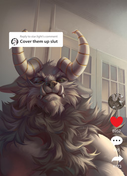 anthro belly big_belly black_nose cheek_tuft chest_tuft chin_tuft facial_tuft front_view fur grey_body grey_fur horn inside looking_at_viewer male male_anthro moobs mouth_closed narrowed_eyes nude overweight overweight_anthro overweight_male solo striped_horn stripes text tuft tusks user_interface white_horn yellow_eyes admiralobster cover_them_up_slut species_request english_text half-length_portrait hi_res portrait