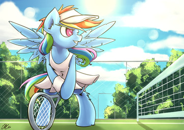 blue_body blue_feathers blue_fur clothed clothing cloud day dress feathered_wings feathers female fence feral fur hair hat headgear headwear holding_object looking_aside multicolored_hair net outside pink_eyes rainbow_hair smile solo sport standing tennis tennis_court tennis_net toony visor_cap wings lovelyneckbeard friendship_is_magic hasbro my_little_pony mythology rainbow_dash_(mlp) equid equine mammal mythological_creature mythological_equine pegasus 2015 absurd_res hi_res