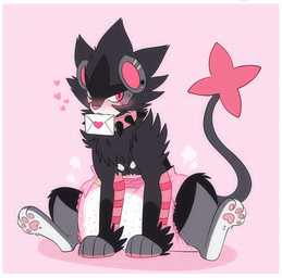 4_toes ambiguous_gender big_diaper black_body black_fur blush blush_lines bodily_fluids border circle_(marking) clean_diaper clothed clothing collar cute_fangs diaper diaper_puff ear_piercing ear_ring fangs feet feral front_view fur geometric_background grey_body grey_fur grey_tail heart_symbol holidays huge_diaper letter looking_back multicolored_body multicolored_fur object_in_mouth pawpads piercing pink_background pink_body pink_eyes pink_fur pink_inner_ear pink_nose pink_pawpads pink_stripes ring_piercing simple_background sitting solo spiked_collar spikes striped_legs stripes sweat tail teeth toes wearing_diaper white_body white_border white_fur jupiters nintendo pokemon valentine's_day fan_character thunder_(sanicgamer1999) generation_4_pokemon luxray pokemon_(species) 2024 full-length_portrait hi_res portrait female_(lore)