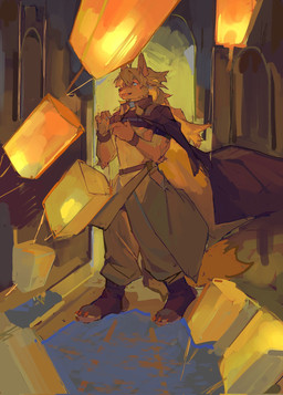 abs anthro biped clothed clothing lamp lantern male muscular muscular_anthro muscular_male solo standing walking viosgit canid canine canis mammal wolf 2023 hi_res