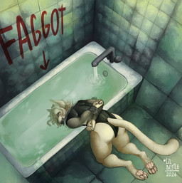 anthro asphyxiation bath bathroom bathtub bdsm bondage bound death directional_arrow drowning duct_tape femboy hands_behind_back hands_tied hands_tied_behind_back homophobic_slur male pawpads pink_pawpads slur snuff solo tail tape text lil_beetle domestic_cat felid feline felis mammal digital_media_(artwork) english_text hi_res