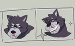 anthro bared_teeth blood blue_eyes bodily_fluids emanata facial_piercing fangs frown labret_piercing lip_piercing male nosebleed piercing scowl simple_background smile solo teeth chuchowriggle adastra adastra_(series) echo_project amicus_(adastra) canid canine canis mammal wolf hi_res