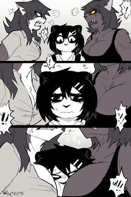 angry anthro argument big_breasts breast_squish breasts clothing crossgender dress female group hair mtf_crossgender short_hair squish trio catkitte bonehand_(catkitte) panda_(catkitte) ugly_cat_(catkitte) bear domestic_cat felid feline felis giant_panda mammal 2022 comic digital_drawing_(artwork) digital_media_(artwork) hi_res