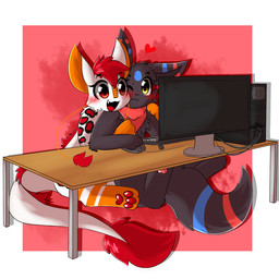 anthro computer duo electronics female fur furniture male male/female romantic romantic_couple scarf table tail rockii asian_mythology east_asian_mythology mythology nintendo pokemon akuna alpha_blizz canid canine canis dragon eastern_dragon eeveelution furred_dragon furred_scalie generation_2_pokemon hybrid mammal mythological_creature mythological_scalie pokemon_(species) scalie umbreon wolf 1:1