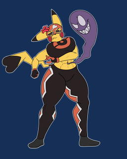 abs ambiguous_gender angry annoyed anthro big_breasts black_sclera bra breasts clothing cosplay_pikachu_(costume) cross-popping_vein duo female gloves handwear luchador mask midriff navel navel_fetish navel_piercing piercing pupils sports_bra thick_thighs toony underwear white_pupils wrestler shieradevil nintendo pokemon pikachu_libre generation_1_pokemon ghost pikachu pokemon_(species) spirit absurd_res alpha_channel hi_res