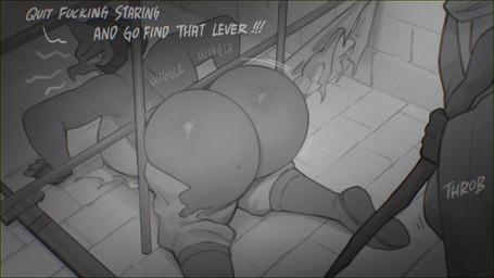 anthro aroused big_breasts big_butt biped bodily_fluids breasts bubble_butt bulge butt butt_focus clothed clothing detailed_background dialogue duo erection erection_under_clothing exclamation_point female fingers glistening glistening_butt huge_butt looking_back male melee_weapon non-mammal_breasts onomatopoeia profanity rear_view sound_effects stuck sweat sword tailless text throbbing torn_clothing wardrobe_malfunction weapon sincrescent mythology vel_(jigrasmut) dragon mythological_creature mythological_scalie scalie 16:9 2026 digital_drawing_(artwork) digital_media_(artwork) english_text greyscale hi_res monochrome widescreen