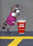 anthro big_gulp_(7-eleven) clothing container cup dress drinking_straw female outside solo tail text young young_anthro young_female christaphorac mammal procyonid raccoon absurd_res english_text hi_res