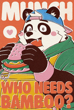 anthro blush blush_stickers burger clothing cute_fangs facial_tuft fangs food hat headgear headwear heart_symbol humanoid_hands kemono male open_mouth overalls overweight overweight_male solo teeth tuft bmf_6666 bear giant_panda mammal 2026 hi_res
