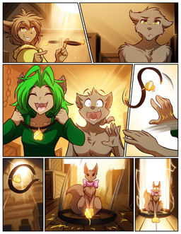 anthro biped black_nose blue_border border breasts brown_body brown_fur brown_hair chest_tuft clothed clothed_anthro clothed_female clothed_humanoid clothing collar eyes_closed female feral front_view fur green_hair group hair holding_object inside magic male open_mouth sitting smile standing teeth tongue topless tuft conditional_dnp tom_fischbach twokinds karen_taverndatter madelyn_adelaide mrs._nibbly sythe_(twokinds) basitin humanoid keidran mammal rodent sciurid tree_squirrel 2025 comic digital_drawing_(artwork) digital_media_(artwork) hi_res