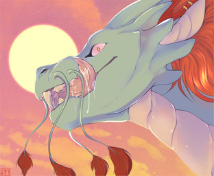 barbel_(anatomy) blue_body bodily_fluids cloud fangs feral flesh_whiskers hair horn licking licking_lips looking_at_viewer male markings open_mouth orange_hair plant saliva saliva_on_tongue scales smile solo sun sunset teeth tongue tongue_out tree tuft ventral_scales whisker_tuft yellow_eyes shyryp asian_mythology east_asian_mythology european_mythology mythology scy spyorx dragon eastern_dragon hybrid mammal mythological_creature mythological_scalie scalie western_dragon absurd_res digital_media_(artwork) hi_res portrait