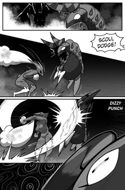 ambiguous_feral ambiguous_gender anthro biped black_sclera breasts bunny_costume clothed clothed_feral clothing costume dialogue duo featureless_breasts female female_anthro feral fight glowing_pupils offscreen_character punch quadruped shadow_face speech_bubble text wounded cuchuflin nintendo pokemon generation_4_pokemon generation_5_pokemon lopunny pokemon_(species) scolipede 2026 absurd_res comic digital_drawing_(artwork) digital_media_(artwork) english_text greyscale hi_res monochrome male_(lore)