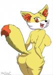 anthro anthrofied breasts canid canine digital_media_(artwork) female fennekin fur generation_6_pokemon hands_on_hips inner_ear_fluff looking_back mammal multicolored_body multicolored_fur nintendo nipples open_mouth pokemon pokemon_(species) pokemorph polar_aurora poopysocks9 simple_background solo tuft