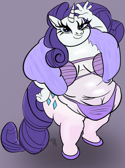 anthro belly big_belly big_breasts bra breasts clothing curly_hair female footwear fur_collar hair horn huge_belly looking_at_viewer navel obese overweight panties pose purple_hair shoes smile smiling_at_viewer solo underwear amespinkinson friendship_is_magic hasbro my_little_pony mythology rarity_(mlp) equid equine horse mammal mythological_creature mythological_equine pony unicorn absurd_res hi_res
