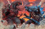 ambiguous_gender angry claws destruction duo fire gills glare radiation regeneration scales smoke teeth kaijusamurai godzilla_(series) monsterverse toho aether godzilla shin_godzilla dinosaur kaiju prehistoric_species reptile scalie 2016 colored