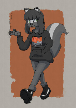anthro biped black_clothing black_footwear black_hair black_hoodie black_shoes black_topwear bottomwear brown_background car cigarette clothing female fire footwear green_eyes grey_background grey_bottomwear grey_clothing grey_pants hair hand_in_pocket holding_cigarette holding_object hoodie pants pockets print_clothing print_topwear shoes simple_background smoking smoking_cigarette solo topwear vehicle walking young young_anthro young_female hellpuppy666 mammal mephitid skunk absurd_res hi_res trans_(lore) trans_woman_(lore)