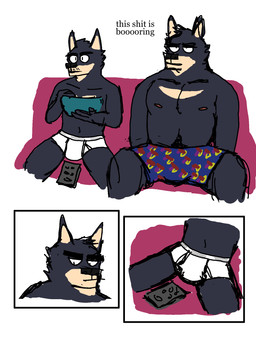 anthro black_body black_fur black_text blue_boxers blue_clothing blue_underwear bowl boxers_(clothing) boxers_only briefs briefs_only clothed clothing container controller dialogue duo fur furniture male monotone_briefs monotone_clothing monotone_underwear nipples profanity remote_control simple_background sitting sofa tan_body tan_fur text tighty_whities topless topless_anthro topless_male underwear underwear_only watching_television white_background white_briefs white_clothing white_underwear eddicus edgar_(eddicus) joel_(eddicus) canid canine canis domestic_dog husky mammal nordic_sled_dog spitz 3:4 comic english_text hi_res brother_(lore) brothers_(lore) sibling_(lore)