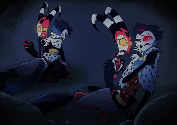 anthro blood blue_background bodily_fluids clothing crying duo eyes_closed formal_clothing formal_wear hair helping holding_another horn lying male on_side red_eyes sad scared short_hair simple_background tears white_face worried worried_face worried_look yellow_eyes stuffoflegend96 hellaverse helluva_boss blitzo_(helluva_boss) stolas_(helluva_boss) avian bird imp owl owl_demon 2023 hi_res