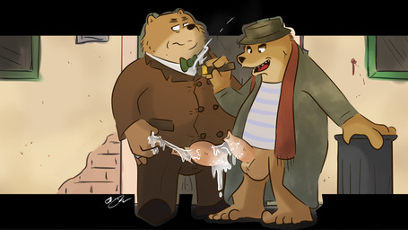 anthro balls bodily_fluids brown_body brown_fur clothed clothing cum duo erection foreskin fur genital_fluids genitals hat headgear headwear humanoid_genitalia humanoid_hands humanoid_penis male male/male overweight overweight_male partially_clothed penis scarf shirt topwear kaisertaylorproducts ernest_and_celestine ernest_(ernest_and_celestine) george_(ernest_and_celestine) bear mammal 16:9 2015 hi_res widescreen