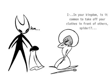 2_horns 4_arms ambiguous_gender anthro black_body black_eyes blush blush_lines cloak clothing covering covering_eyes covering_face dialogue duo embarrassed empty_eyes featureless_crotch female flat_chested holding_clothing holding_object horn humor kneeling looking_at_another melee_weapon multi_arm multi_limb narrowed_eyes nude_ambiguous nude_anthro one_eye_closed simple_background stuttering talking_to_another text three-quarter_view weapon white_background white_body white_eyes dvisk hollow_knight:_silksong hollow_knight_(franchise) team_cherry hornet_(hollow_knight) lace_(hollow_knight:_silksong) arthropod humanoid insect 2026 black_and_white digital_drawing_(artwork) digital_media_(artwork) english_description english_text monochrome female_(lore)