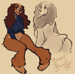 anthro anthrofied big_breasts blue_clothing blue_collar blue_shirt blue_topwear breasts brown_eyes butt clothed clothing collar dog_tags featureless_breasts female gold_(metal) hand_over_crotch happy looking_at_another neutral_expression nude nude_anthro nude_female pantless_anthro pantless_female pantsless partially_clothed shirt short_tail solo tail topwear bunnyboogi disney lady_and_the_tramp lady_(lady_and_the_tramp) bird_dog canid canine canis cocker_spaniel domestic_dog hunting_dog mammal spaniel colored hi_res monochrome signature