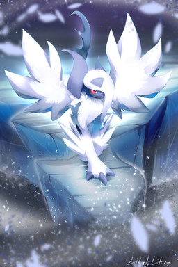 ambiguous_gender blizzard_(weather) claws feathered_wings feathers feral fur horn one_eye_obstructed red_eyes solo tail white_body white_feathers white_fur wings likey nintendo pokemon generation_6_pokemon mega_absol mega_evolution pokemon_(species) 2025 absurd_res hi_res signature