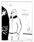 black_clothing black_coat black_topwear blush border button_(fastener) clothed clothing coat collar dialogue frown furniture gesture group hand_in_pocket insult male open_clothing open_coat open_collar open_topwear pockets simple_background table topwear trio waving waving_hand whisker_spots white_background white_clothing white_coat white_topwear sharkinthepark luke_(sharkinthepark) maccaw_(sharkinthepark) macleish_(sharkinthepark) accipitriform avian bird canid canine canis domestic_dog mammal owl secretary_bird 2025 absurd_res black_and_white comic hi_res monochrome