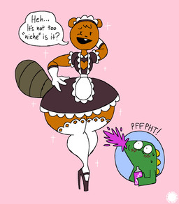 anthro armwear blush blush_lines bodily_fluids brown_body brown_fur buckteeth clothed clothing crossdressing curvy_figure dialogue duo elbow_gloves eyelashes femboy footwear fur gloves green_body hand_behind_head hand_on_hip handwear head_tuft high_heels legwear logo maid_uniform male scales shoes small_waist speech_bubble spit-take star_emanata stockings sweat sweatdrop tail teeth text thick_thighs tuft uniform wasp_waist wide_hips thatdawgmurray beaver_and_steve beaver_(beaver_and_steve) steve_(beaver_and_steve) beaver lizard mammal reptile rodent scalie aliasing artist_logo artist_name digital_media_(artwork) english_text hi_res signature