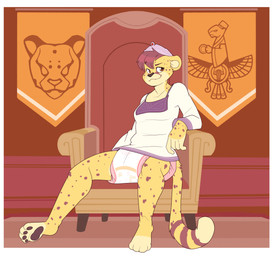 ambiguous_gender anthro border brown_body brown_fur brown_hair brown_nose brown_pawpads brown_spots brown_stripes chair clean_diaper clothed clothing crown diaper dipstick_tail facial_markings flag fur furniture hair head_markings headgear leg_markings markings pawpads sitting smile socks_(marking) solo spots spotted_body spotted_fur spotted_markings spotted_tail striped_markings striped_tail stripes tail tail_markings tan_clothing tan_shirt tan_topwear teeth throne throne_room tiara topwear wearing_diaper white_border yellow_body yellow_fingers yellow_fur yellow_inner_ear yellow_tail_tip bubblepuppers miranda_(fauxhammer) cheetah felid feline mammal full-length_portrait hi_res portrait