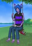 3_legs 3_tails 4_arms 4_toes anthro barefoot blue_eyes book feet male multi_arm multi_leg multi_limb multi_tail multifur reading sitting solo swing tail text toes sanddraws 2020 english_text hi_res