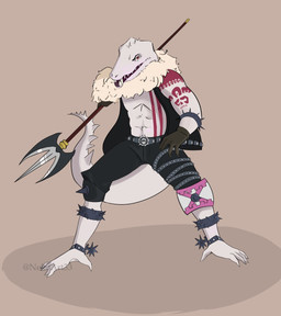 abs anthro belt bottomwear clothing gloves handwear jacket male melee_weapon pants polearm solo spear topwear trident weapon nekoart33 one_piece katakuri crocodile crocodilian reptile scalie 2019 hi_res
