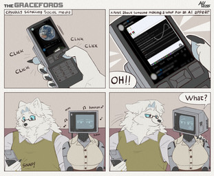 4_panel_comic 5_fingers anthro black_nose black_text blue_eyes breasts closed_smile clothed clothing dialogue duo electronics exclamation_point eyebrows eyelashes eyewear female fingers for_a_head fur furniture glasses gold_ring grey_body hair hand_on_shoulder holding_object holding_phone looking_at_another machine male motion_lines mouth_closed open_mouth open_smile phone pupils question_mark ring screen screen_face sitting smile sofa sound_effects speech_bubble talking_to_another text text_box white_body white_fur auveiss twitter matthew_graceford_(auveiss) melissa_graceford_(auveiss) canid canine humanoid mammal object_head robot screen_head comic english_text hi_res