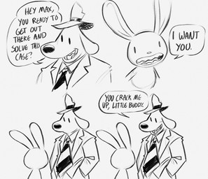 anthro bottomwear clothing dialogue duo hat headgear headwear long_ears male male/male necktie pants sharp_teeth speech_bubble suit teeth text bunnybuttz sam_and_max max_(sam_and_max) samuel_dog canid canine canis domestic_dog lagomorph leporid mammal rabbit english_text monochrome