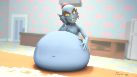 anthro belly big_belly blue_body blue_skin breasts female female_pred hair hand_on_belly huge_belly nipples red_hair same_size_vore vore yellow_sclera pestilad undertale_(series) undyne aquatic fish 16:9 3d_(artwork) digital_media_(artwork) hi_res widescreen
