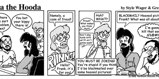 angry beard chair clothed clothed_male clothing dialogue electronics eyewear facial_hair furniture glasses greeting group hair human_only male not_furry phone sitting text trio style_wager dela_the_hooda frank_dunn ross_(dela_the_hooda) human mammal 2002 comic english_text greyscale monochrome