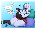 anthro big_breasts breasts cleavage clothed clothing dialogue fangs female fur hair hidden_eyes huge_breasts huge_thighs musical_note musical_symbol open_mouth pillow sitting smile solo speech_bubble symbol teeth text thick_thighs white_body white_fur white_hair lunarspy nintendo nintendo_switch pokemon tia_(lunarspy) absol generation_3_pokemon pokemon_(species) 2022 english_text hi_res signature