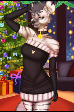 anthro armwear bell bell_collar black_armwear black_bars black_clothing black_dress black_elbow_gloves black_gloves black_handwear blue_eyes brown_eyes carpet christmas_decorations christmas_tree clothing collar detailed_background dress elbow_gloves female floor furniture gift gloves hair hand_behind_head handwear heterochromia holidays notched_ear plant sharktooth_necklace smile smiling_at_viewer sofa solo standing tail tree window reiko4835i christmas new_year savva_(lunerman) hyena mammal striped_hyena absurd_res hi_res letterbox portrait three-quarter_portrait