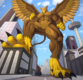 4_toes 5_fingers abs anthro beak brown_body brown_fur building building_destruction city city_background claws destruction feathered_wings feathers feet finger_claws fingers fur hair house looking_at_viewer macro macro_anthro macro_male male muscular muscular_anthro muscular_male nude outside pawpads paws pecs rampage sky smile solo tail toe_claws toes vehicle wings e-zoid mythology carpo avian gryphon mythological_avian mythological_creature hi_res