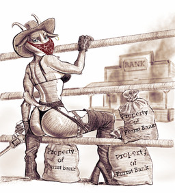 anthro butt clothing country cowboy_hat cowboy_outfit cowgirl_outfit criminal ear_piercing ear_ring female gloves green_eyes gun handgun handwear hat headgear headwear horn lingerie looking_at_viewer looking_back mostly_nude old_west outlaw piercing platform_footwear pose posing_for_the_viewer raised_tail ranged_weapon rear_view revolver ring_piercing robbery solo tail thong underwear weapon western francisthefurry bovid caprine goat mammal absurd_res hi_res