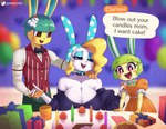 anthro birthday_cake blurred_background breasts cake cleavage clothed clothing dessert dialogue eyebrows eyelashes female fingers food gift group hair half-closed_eyes hand_on_shoulder male narrowed_eyes open_mouth text gammainks animal_crossing nintendo sanrio clarissa_(gammainks) fan_character francine_(animal_crossing) toby_(animal_crossing) lagomorph leporid mammal rabbit 2023 digital_media_(artwork) english_text hi_res