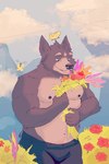 anthro barazoku black_nipples black_nose blue_eyes clothed clothing cloud flower flower_field fur grey_body grey_fur male mountain multicolored_body multicolored_fur musclegut muscular muscular_anthro muscular_male nipples picking_flowers plant sky smile solo topless topless_male two_tone_body two_tone_fur taygadraki adastra adastra_(series) echo_project amicus_(adastra) arthropod butterfly canid canine canis insect lepidopteran mammal wolf 2:3 hi_res