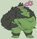 3_toes anthro belly big_belly black_body black_fur feet fluffy fluffy_tail fur green_body green_fur hand_on_belly holding_stomach male moobs multicolored_body multicolored_fur navel obese obese_anthro obese_male overweight overweight_anthro overweight_male pink_nose sharp_teeth solo standing tail teeth toes two_tone_body two_tone_fur yellow_sclera wiishyishii nintendo pokemon canid canine generation_9_pokemon legendary_pokemon mammal okidogi pokemon_(species) absurd_res hi_res