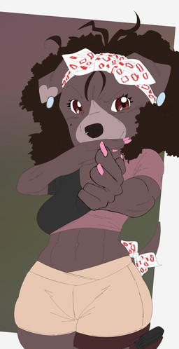 ear_piercing frizzled_hair gesture gun hand_gesture holster markings mole_(marking) navel navel_piercing piercing pointing pointing_at_viewer raised_tail ranged_weapon tail weapon toonarscontent canid canine canis domestic_dog mammal pit_bull absurd_res hi_res tagme