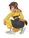 anthro blowing_bubble_gum brown_hair bubble bubble_gum candy chewing_gum clothing dessert fashion female food footwear furgonomics gum hair inflating looking_back midriff plantigrade shoes sneakers solo tracksuit laska~ mammal mustelid musteline true_musteline weasel 2022 3:4 hi_res