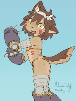 5_fingers alternate_species anthro bikini biped blue_background brown_body brown_eyebrows brown_fur brown_hair brown_nose brown_tail bulge cheek_tuft circle_eyebrows clothed clothed_anthro clothed_male clothing crossdressing cybernetic_arm cybernetic_leg cybernetic_limb eyebrows facial_markings facial_tuft fangs fingers fur furrification glistening glistening_eyes gold_bikini golden_clothing hair head_markings looking_at_viewer male male_anthro markings mechanical_arm mechanical_leg open_mouth red_markings simple_background solo swimwear tail teeth text tuft two-piece_swimsuit yellow_eyes young young_anthro young_male novaplexy golden_week made_in_abyss reg_(made_in_abyss) canid canine canis domestic_dog mammal 2026 absurd_res artist_name digital_media_(artwork) hi_res