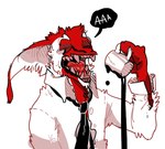 anthro black_necktie clothed clothing container cup ears_back eyes_closed fangs fur head_tuft holding_container holding_cup holding_mug holding_object male mug necktie open_mouth pivoted_ears red_body red_fur red_tongue simple_background solo teeth tongue topwear tuft white_background white_body white_clothing white_fur white_topwear 0ct0m0n0 bust_portrait portrait