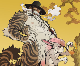 abs anthro balls biceps bodily_fluids claws clothing erection eyebrows fangs fur genitals glans hat headgear headwear humanoid_genitalia humanoid_penis male muscular muscular_anthro muscular_male nipples pecs penis penis_on_head size_difference standing sweat sweatdrop tail teeth jacketbear felid lagomorph leporid mammal pantherine rabbit tiger 6:5 absurd_res hi_res